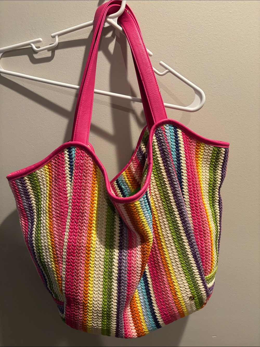 Stephanie Johnson Striped Multicolor Woven Tote with Hot Pink Trim